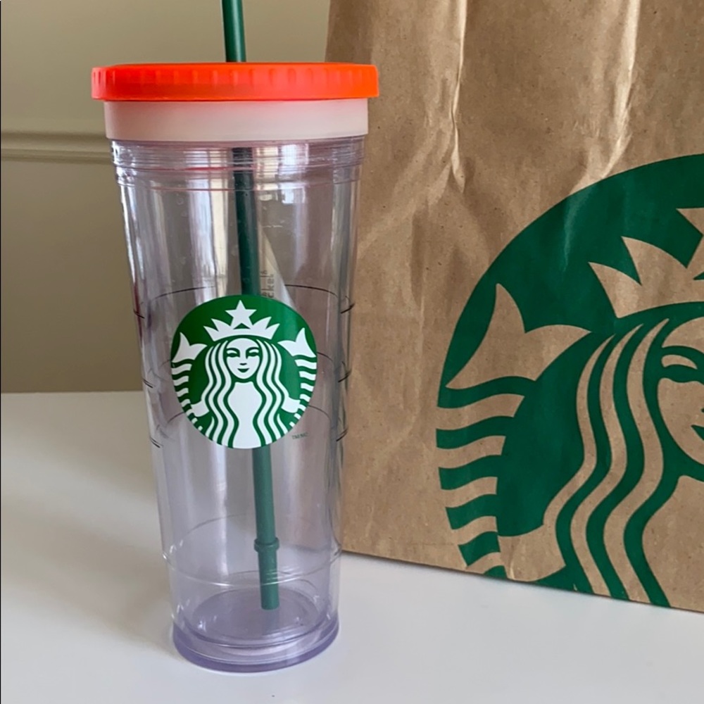 Starbucks Venti Clear Cold Cup Tumbler 24 oz 2012 orange lid green straw